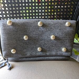 Stella & Dot Madison Foldover Zip Clutch- Grey Neoprene + Pearl Embellishment